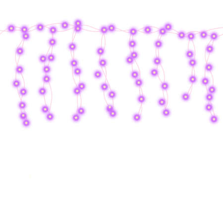 String purple garland  isolated on white background. Vector illustration of Christmas, New Year party decoration with transparency. Glowing light for card design. Lights border.のイラスト素材