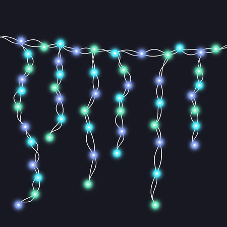 String blue garland isolated on black background. Vector illustration of Christmas, New Year party decoration with transparency. Glowing light for card design. Lights borderのイラスト素材