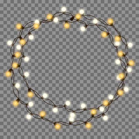 Christmas tree string garland in circle shape and text space isolated on dark background.のイラスト素材