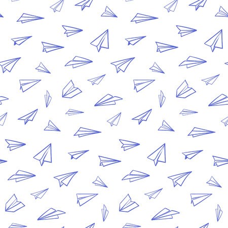 Seamless pattern with vector paper airplane. Travel, route symbol. Vector illustration of  background with hand drawn paper plane. Outline. Hand drawn doodle airplane. Black linear paper plane icon.のイラスト素材