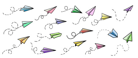 Vector paper airplane. Travel, route symbol. Set of colourful vector illustration of hand drawn paper plane. Isolated. Outline. Hand drawn doodle airplane. Black linear paper plane icon.のイラスト素材