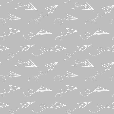 Seamless pattern with vector paper airplane. Travel, route symbol. Vector illustration of  background with hand drawn paper plane. Outline. Hand drawn doodle airplane. Black linear paper plane icon.のイラスト素材