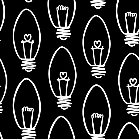 Lamp, light bulb with heart seamless pattern design. Hand drawn doodle light bulb icon. Concept of big idea inspiration, innovation, love. Vector illustration. Idea and love symbol. Sketchのイラスト素材