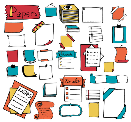 Vector hand drawn sketch set on chalk background of planning elements with white outline: arrow, banner, word, list, brush, pen, figure, number, note, cup, speech box. Doodle for design, logo, poster.のイラスト素材