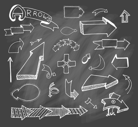 Vector hand drawn set on grey chalk background of objects:arrow, banner, word, list, brush, pen, figure, check mark.Collection of elements in doodle style. Isolated. White outlinesのイラスト素材