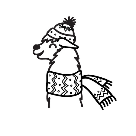 Vector illustration of cute south America lama head wearing a winter hat. Isolated outline cartoon baby llama face.のイラスト素材