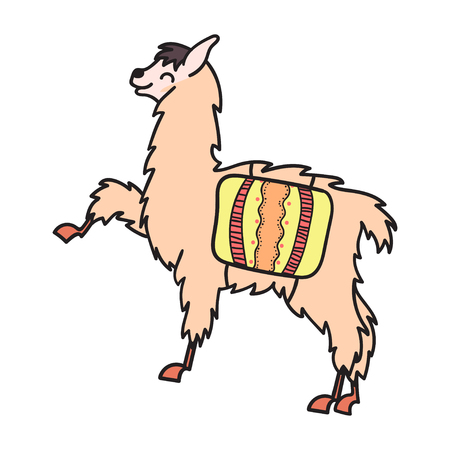 Vector illustration of cute character south lama with decorations. Isolated outline cartoon baby llama. Hand drawn Peru animal guanaco, alpaca, vicuna. Drawing for print, fabric.のイラスト素材