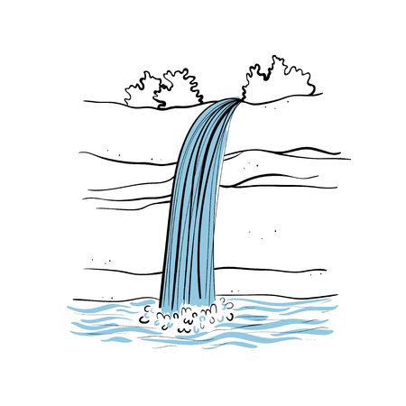 Vector illustration of waterfall. Water stream falling of mountain rock. Isolated outline hand drawn object. Logo, design element.のイラスト素材
