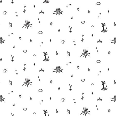 Vector seamless pattern with isolated outline cartoon rock, flowers. Hand drawn illustration of plant and stone. Drawing for print, fabric.のイラスト素材
