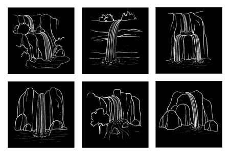 Set of vector illustration of waterfall. Water stream falling of mountain rock. Isolated outline hand drawn object. Logo, design element.のイラスト素材