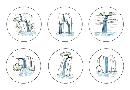 Set of vector illustration of waterfall. Water stream falling of mountain rock. Isolated outline hand drawn object. Logo, design element.のイラスト素材