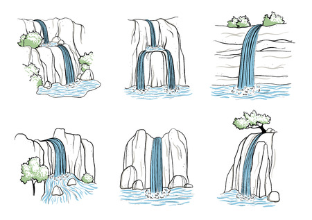 Set of vector illustration of waterfall. Water stream falling of mountain rock. Isolated outline hand drawn object. Logo, design element.のイラスト素材