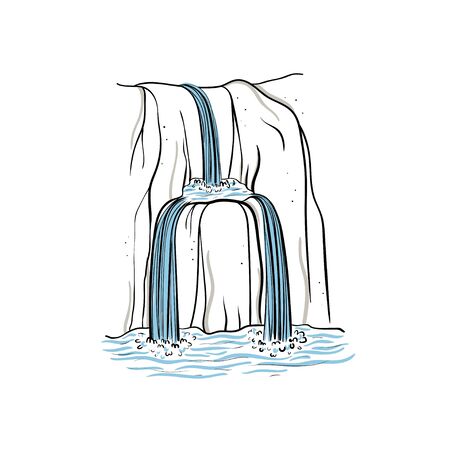 Vector illustration of waterfall. Water stream falling of mountain rock. Isolated outline hand drawn object. Logo, design element.のイラスト素材