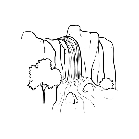 Vector illustration of waterfall. Water stream falling of mountain rock. Isolated outline hand drawn object. Logo, design element.のイラスト素材
