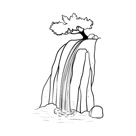 Vector illustration of waterfall. Water stream falling of mountain rock. Isolated outline hand drawn object. Logo, design element.のイラスト素材