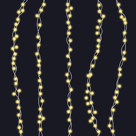 Vector illustration of Christmas, New Year lights isolated on background. Set of color string garlands. Realistic party decorations with transparency. Glowing light for holiday greeting card design. のイラスト素材