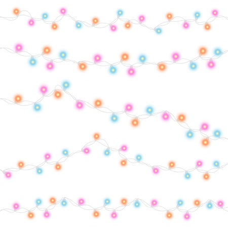 Vector illustration of Christmas, New Year lights isolated on background. Set of color string garlands. Realistic party decorations with transparency. Glowing light for holiday greeting card design. のイラスト素材