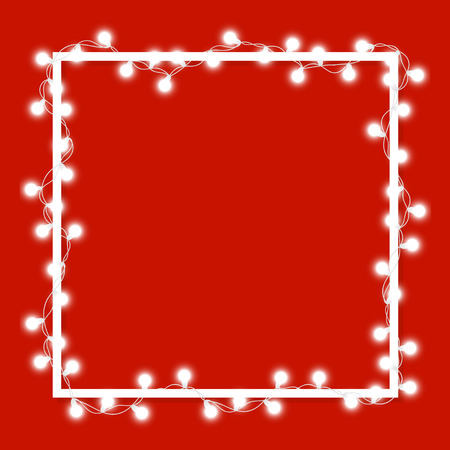 Vector illustration of light garland and frame isolated on background. Glowing light with place for text. Set of color string Christmas, New Year garlands. Realistic party decoration with transparencyのイラスト素材