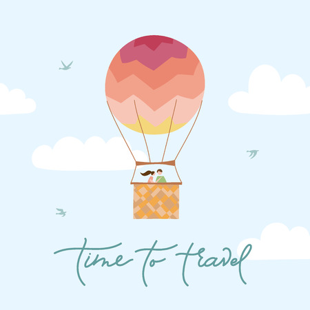 Vector illustration of hot air balloon with passengers and lettering. Isolated flat cartoon air balloon with couple in love. Hand drawn. Drawing for print, card, flyer, fabric, textile, poster.のイラスト素材