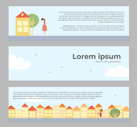 A Vector illustration of landscape background with blue sky, birds, walking people with text place. Banners with colorful town house, cottages. For print, card, flyer, posterのイラスト素材