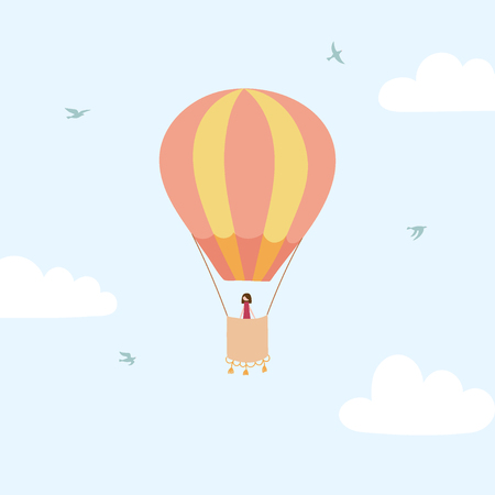 Vector illustration of hot air balloon with passenger in the sky.のイラスト素材