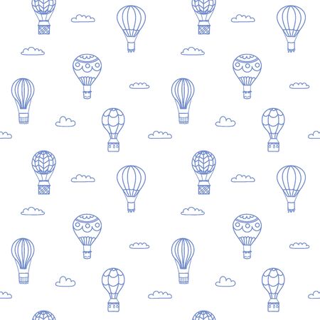 Seamless pattern of vector illustration of outline hot air balloon on sky with clouds and birds isolated icon of cartoon air balloon.のイラスト素材