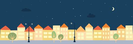 Vector illustration of landscape background with night sky, stars, walking people with text place. Colorful town house, cottage and assorted real estate buildings. For print, card, flyer, poster のイラスト素材