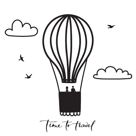 Vector illustration of outline hot air balloon with people, clouds, birds. Isolated icon of cartoon air balloon with passengers.のイラスト素材