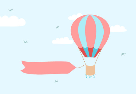 Vector illustration of hot air balloon with banner for lettering on blue sky with clouds and birds.のイラスト素材