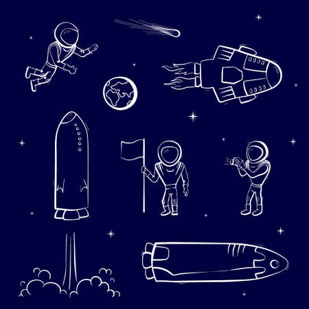 Set of vector illustrations of space objects: astronaut, comet, shuttle, ship, rocket launch, rover, planet. Doodle cartoon outline space symbol. Collection of space vector icons. のイラスト素材
