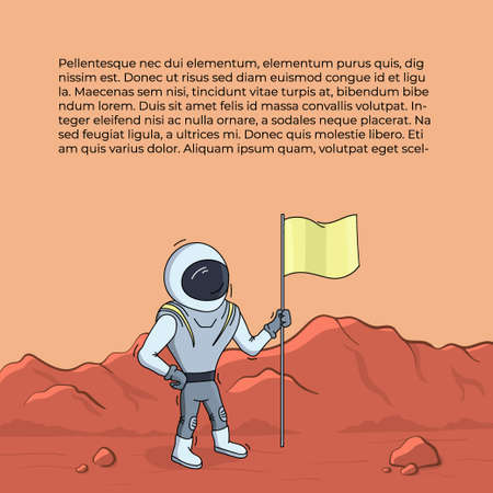 Vector illustration of astronaut with flag on red planet. Planet exploration and achievement concept flyer with text place. Doodle cartoon outline space symbols.のイラスト素材