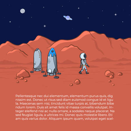 Vector illustration of space ship and astronaut on red planet. Planet exploration concept flyer, card with text place. Doodle cartoon outline space symbols.のイラスト素材