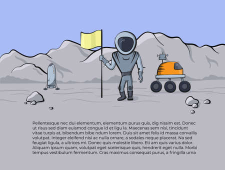 Vector illustration of space ship, flag and astronaut on red planet. Planet exploration concept flyer with text place. Doodle cartoon outline space symbols.のイラスト素材