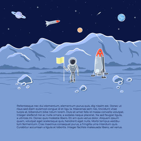 Vector illustration of space ship and astronaut on red planet. Planet exploration concept flyer, card with text place. Doodle cartoon outline space symbols.のイラスト素材
