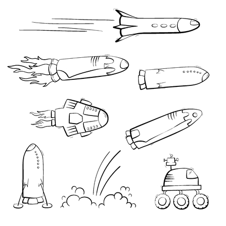Set of vector illustrations of space ship, rocket, rover. Doodle cartoon outline space symbol. Collection of space shuttle vector icons.のイラスト素材