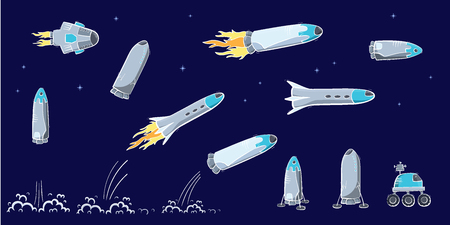 Set of vector illustrations of space ship, rocket, rover. Doodle cartoon outline space symbol. Collection of space shuttle vector icons.のイラスト素材