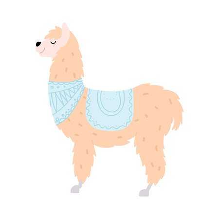 Vector illustration of cute character south llama. Isolated outline cartoon baby lama. Hand drawn Peru animal guanaco, alpaca, vicuna. Drawing for print, fabric, textile, poster etc.のイラスト素材