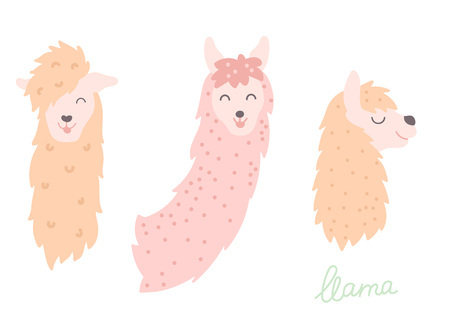 Vector set of characters. Illustration of south America cute lama. Isolated outline cartoon baby llama. Hand drawn Peru animal guanaco, alpaca, vicuna. Drawing for print, fabric, textile etc.のイラスト素材
