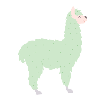 Vector illustration of cute character south llama. Isolated outline cartoon baby lama. Hand drawn Peru animal guanaco, alpaca, vicuna. Drawing for print, fabric, textile, poster etc.のイラスト素材