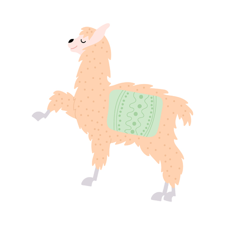 Vector illustration of cute character south llama. Isolated outline cartoon baby lama. Hand drawn Peru animal guanaco, alpaca, vicuna. Drawing for print, fabric, textile, poster etc.のイラスト素材