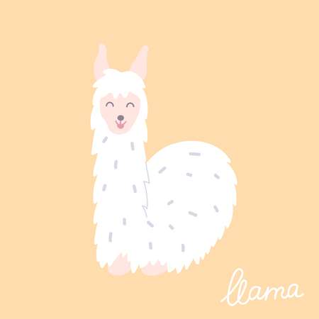 Vector illustration of cute character south llama. Isolated outline cartoon baby lama. Hand drawn Peru animal guanaco, alpaca, vicuna. Drawing for print, fabric, textile, poster etc.のイラスト素材