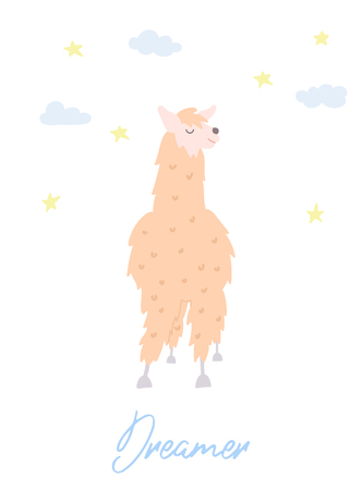 Vector illustration of cute character south llama. Isolated outline cartoon baby lama. Hand drawn Peru animal guanaco, alpaca, vicuna. Drawing for print, fabric, textile, poster etc.のイラスト素材
