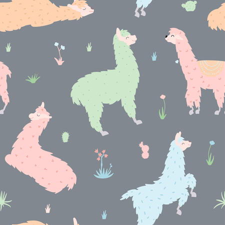 Vector seamless pattern with south America cute llama with decorations. Isolated outline cartoon baby llama. Hand drawn Peru animal guanaco, alpaca, vicuna. Drawing for print, fabricのイラスト素材