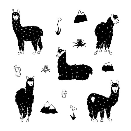 Vector set of characters. Illustration of south America cute llama. Isolated outline cartoon baby llama. Hand drawn Peru animal guanaco, alpaca, vicuna. Drawing for print, fabric, textile etc.のイラスト素材
