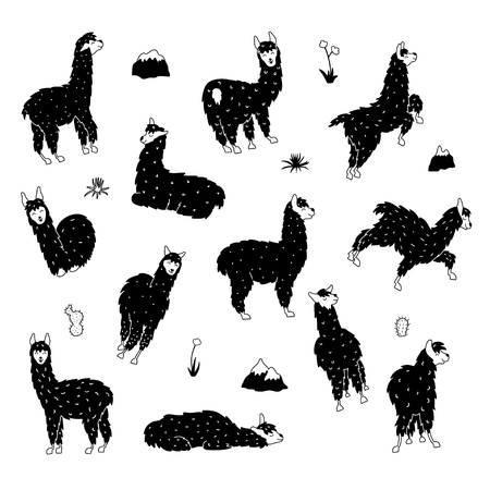 Vector set of characters. Illustration of south America cute llama. Isolated outline cartoon baby llama. Hand drawn Peru animal guanaco, alpaca, vicuna. Drawing for print, fabric, textile etc.のイラスト素材