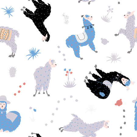 Vector seamless pattern with south America cute llama with decorations. Isolated outline cartoon baby llama. Hand drawn Peru animal guanaco, alpaca, vicuna. Drawing for print, fabricのイラスト素材