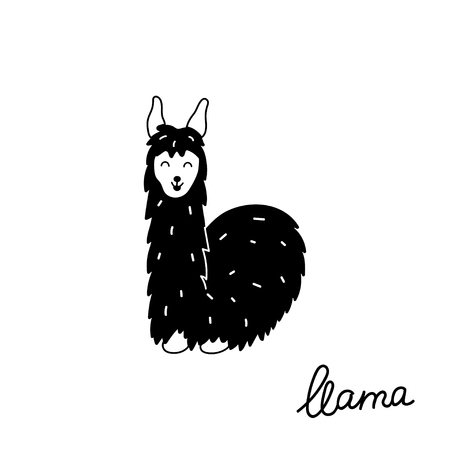 Vector illustration of cute character south llama. Isolated outline cartoon baby lama. Hand drawn Peru animal guanaco, alpaca, vicuna. Drawing for print, fabric, textile, poster etc.のイラスト素材