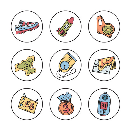 Vector illustration of sport orienteering isolated elements: control point, compass, card, map, clothes, shoe, finish, plant, watch, shirt, medal, gaiter, distance. Orientation, navigation equipment.のイラスト素材