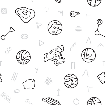 Vector seamless pattern illustration of sport orienteering isolated topo symbols and landmark objects, distance. Orientation, navigation symbol.のイラスト素材