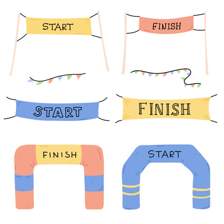 Vector illustration of start and finish line banners, streamers, inflatable balloon arch gate, flags for outdoor sport event - competition race, run marathon. Isolated doodle cartoon illustration.のイラスト素材